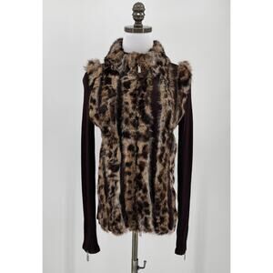 Vintage Cabo Brown Rabbit Fur Leopard Print Full Zip Sweater Jacket Sz L